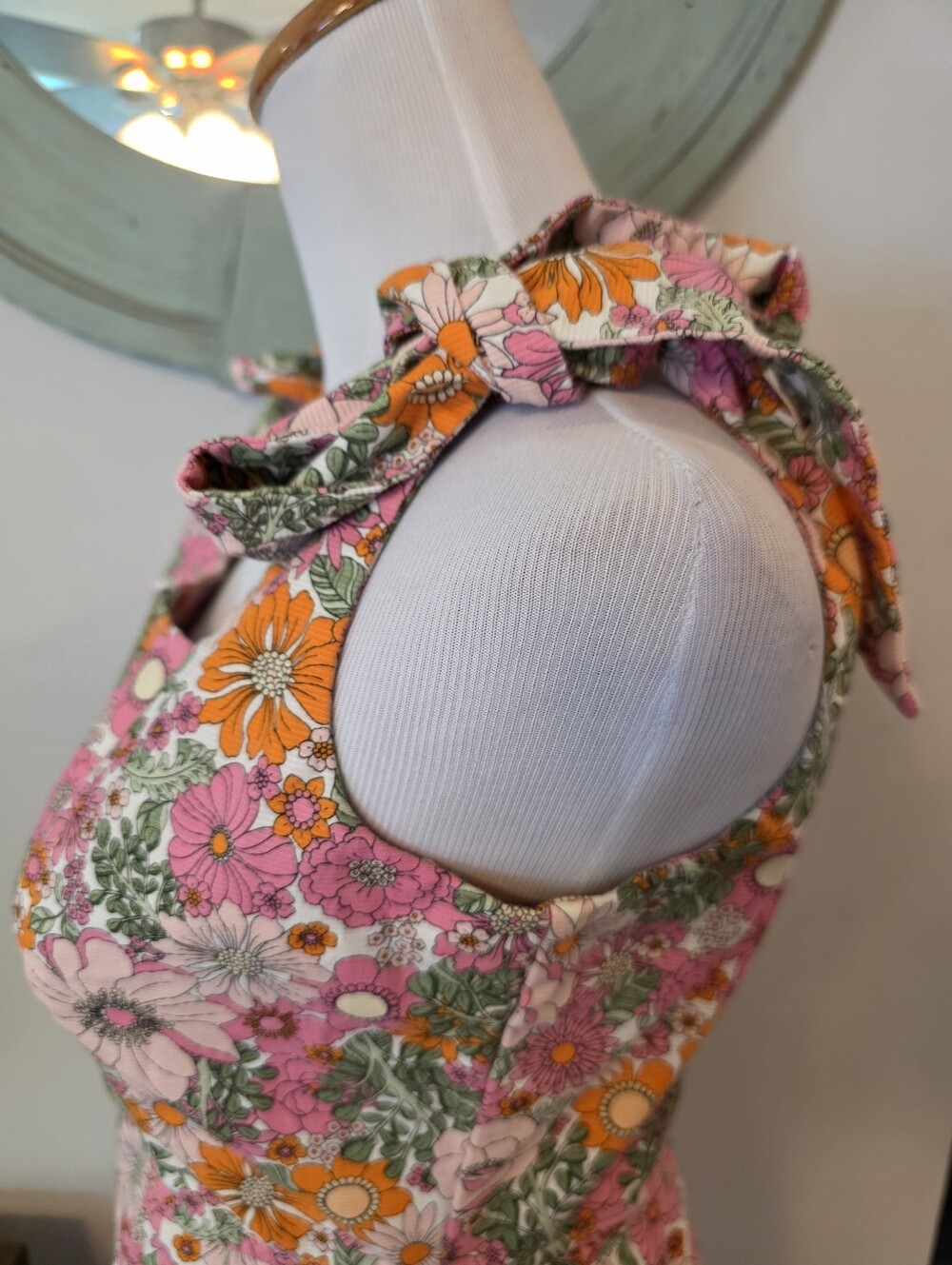 Trixxi Size Medium Retro Floral Square Neck Mini Dress w/ Shoulder Tie Straps - Picture 3 of 11
